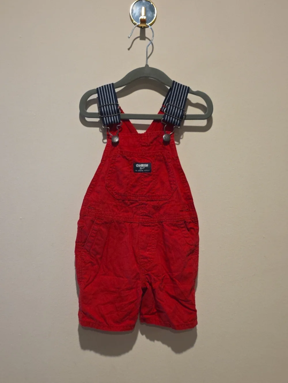 OshKosh B'gosh Red Corduroy Short Overalls with Striped Straps Size 2t 2a